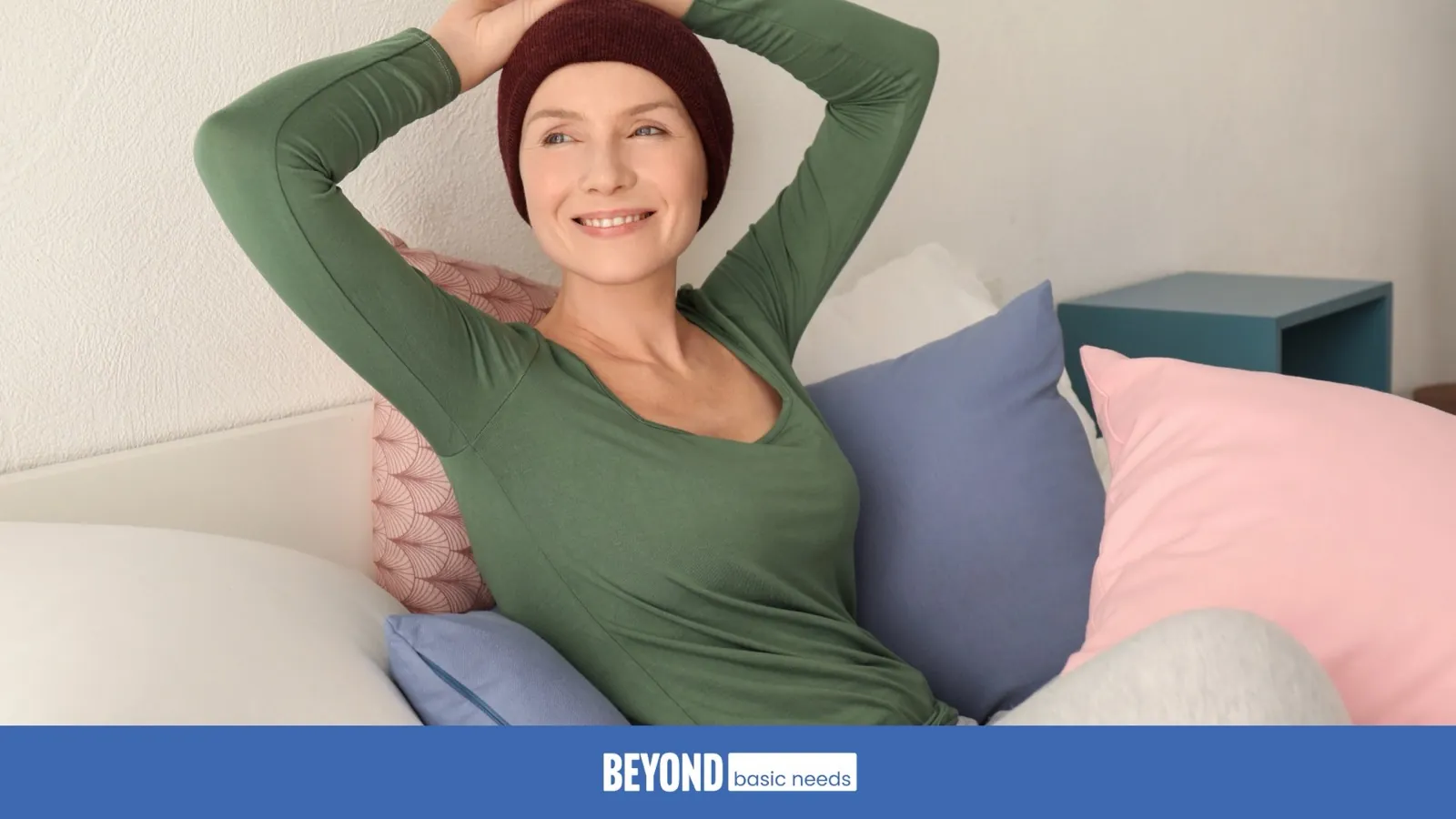 A cancer warrior with a port pillow from a Chemo Care Kit