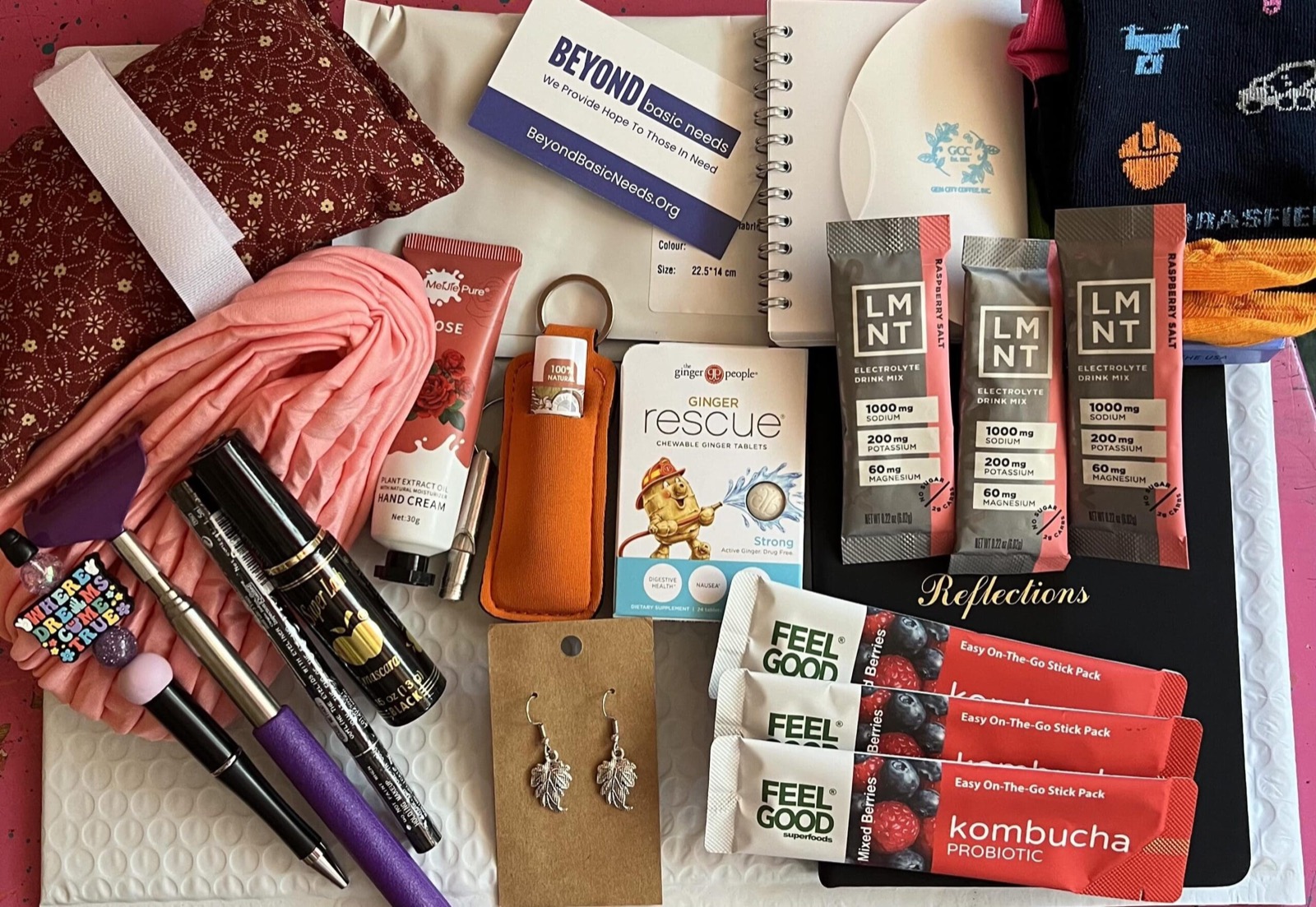 The contents of a Beyond Basic Needs Chemo Care Kit laid out