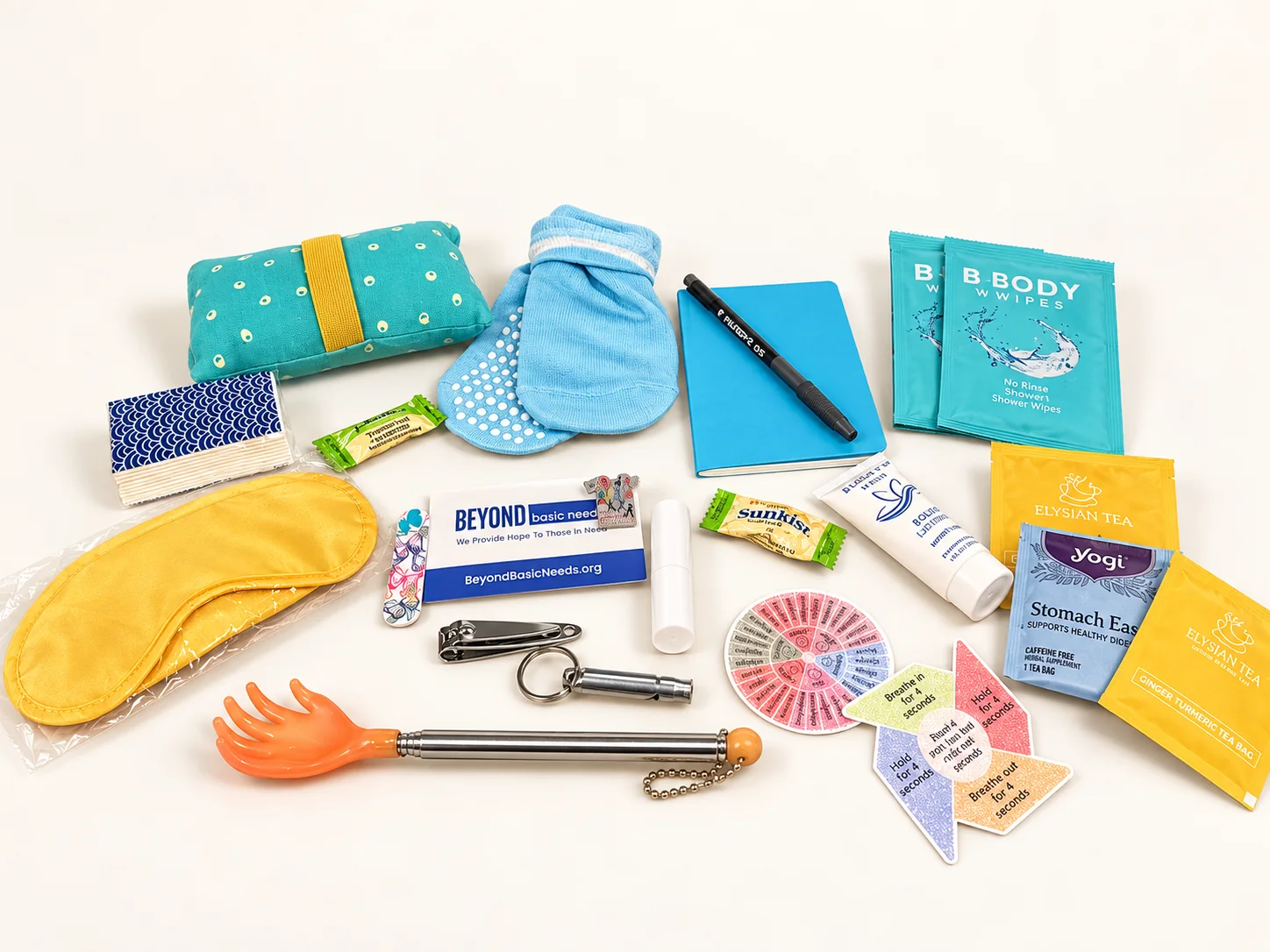 The contents of a Beyond Basic Needs Chemo Care Kit laid out