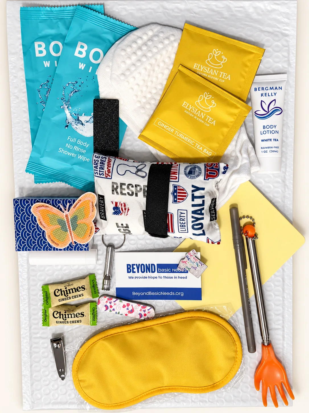 A Beyond Basic Needs Chemo Care Kit packed with comfort items